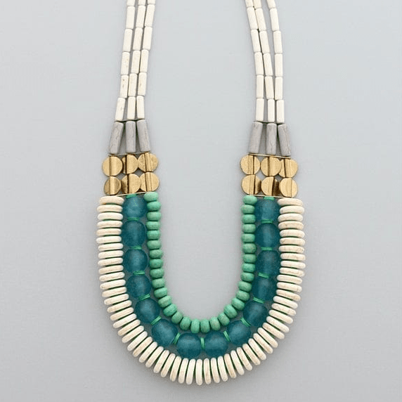 NKL-JM Triple Strand White, Aqua Ghana Glass, and Turquoise Necklace