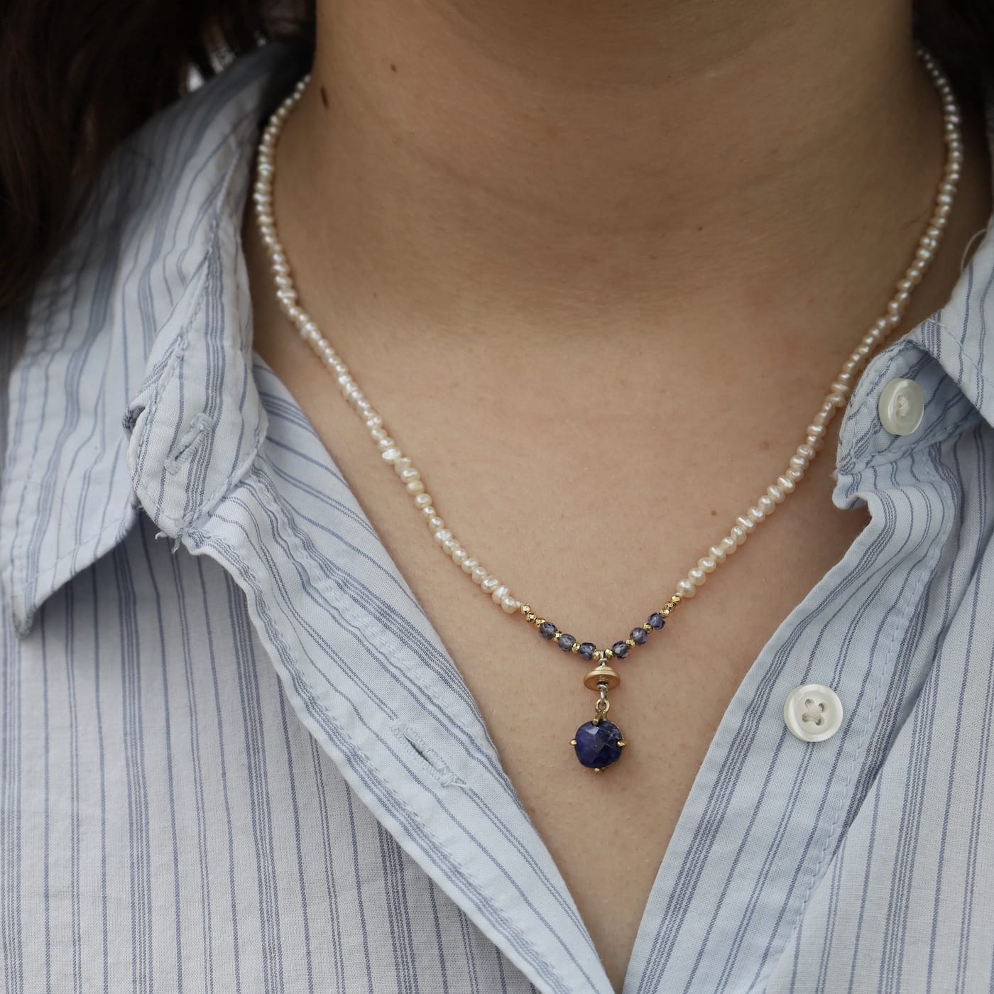 NKL Petite White Fresh Water Pearl and Lapis Pendant Necklace