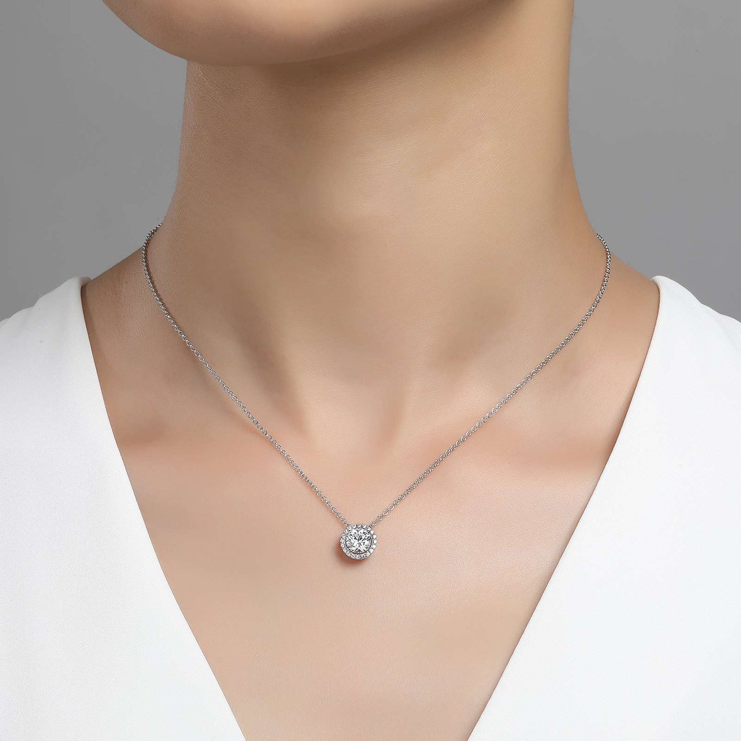 NKL-PPL Platinum Plated Diamond Halo Pendant Necklace