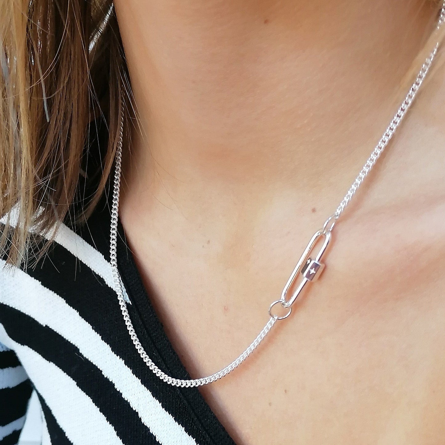 NKL Sterling Silver Long Link Carabiner Curb Chain Necklace