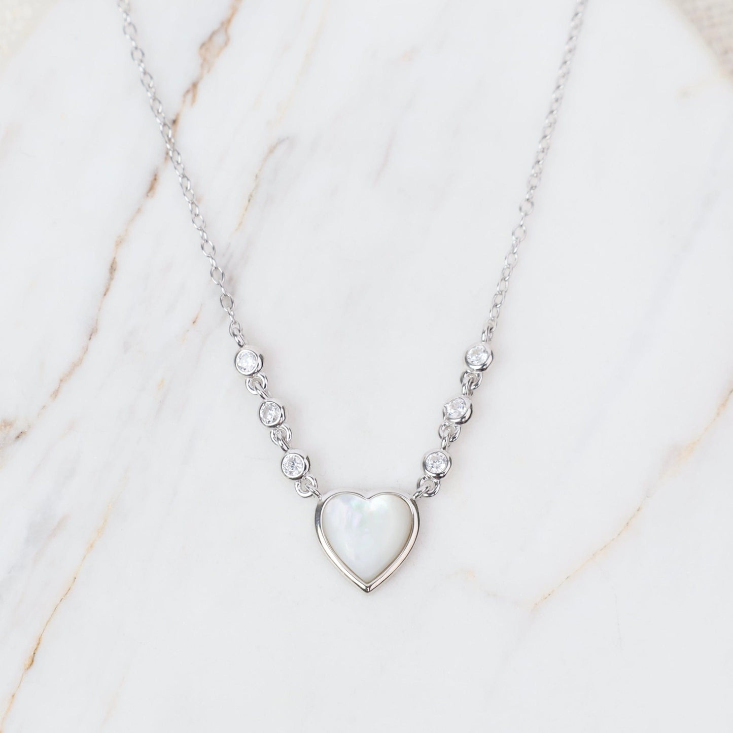 NKL Sterling Silver & Mother of Pearl Heart with CZ Necklace