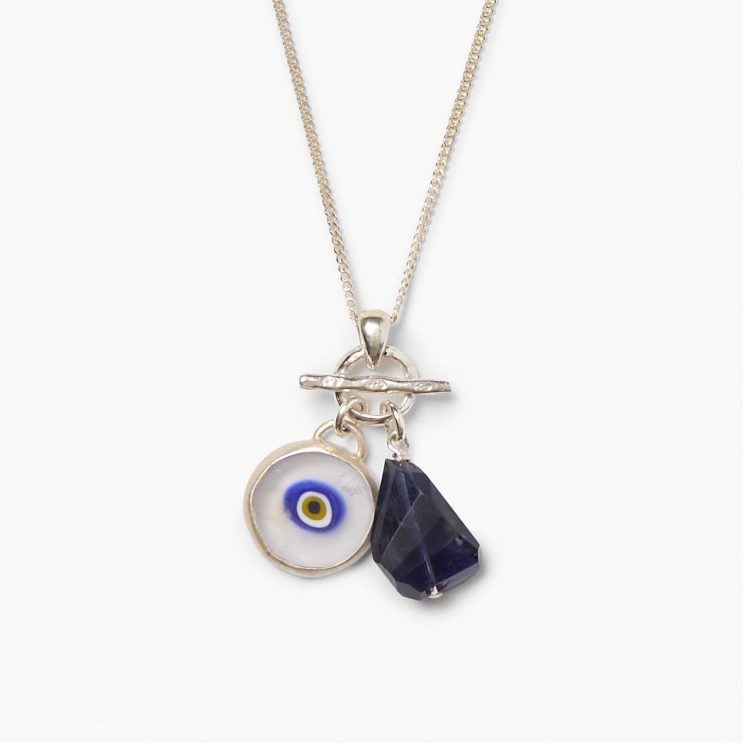 NKL Sterling silver necklace featuring clay evil eye & iolite