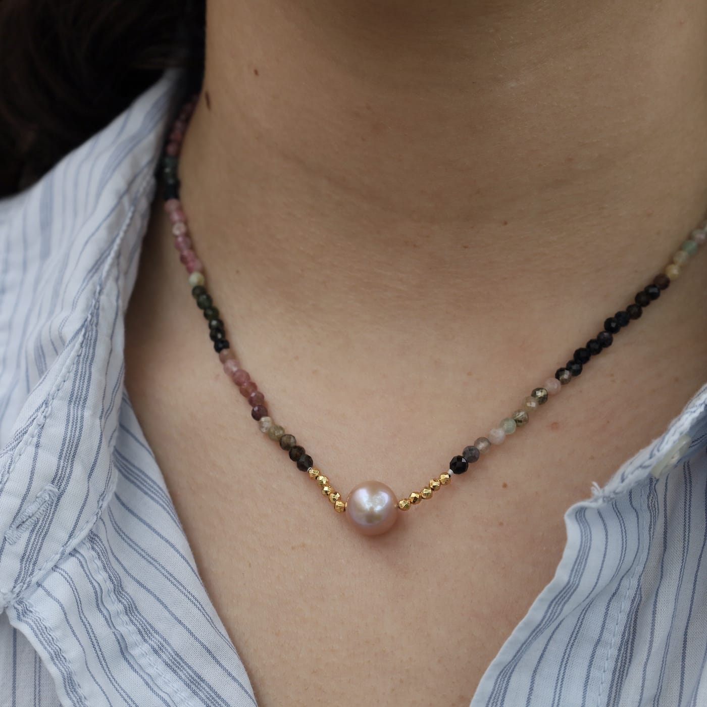 NKL Tourmaline with Pink Freshwater Pearl Necklace