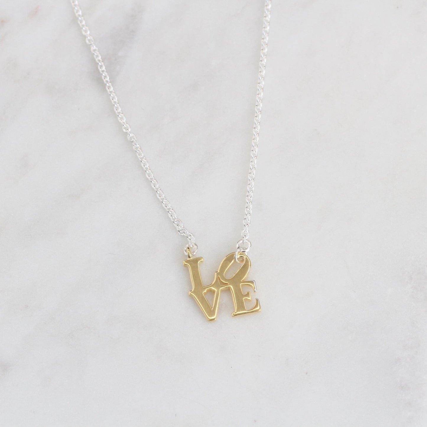 NKL-VRM Two Tone Gold Vermeil & Silver Polished Mini LOVE Sculpture Necklace