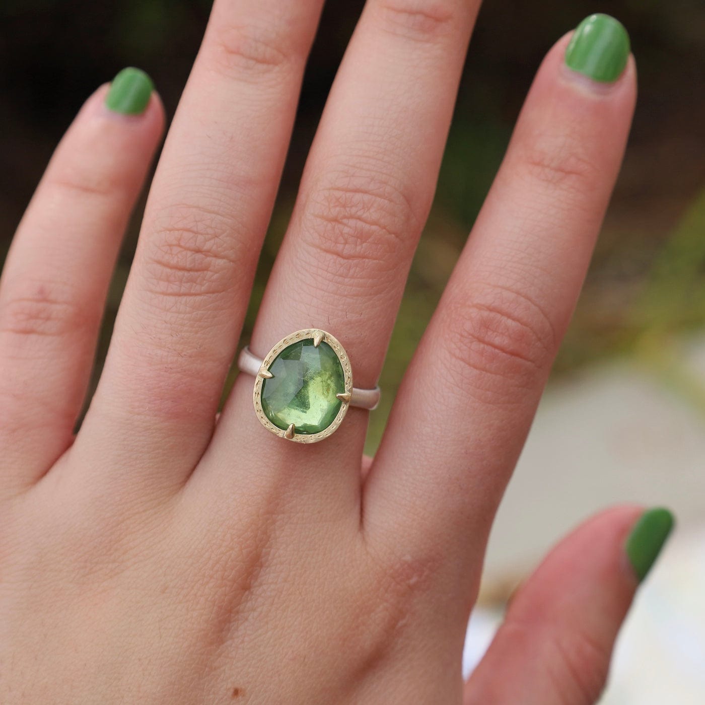 RING-18K One of a Kind Two Tone Organic Green Tourmaline Ri