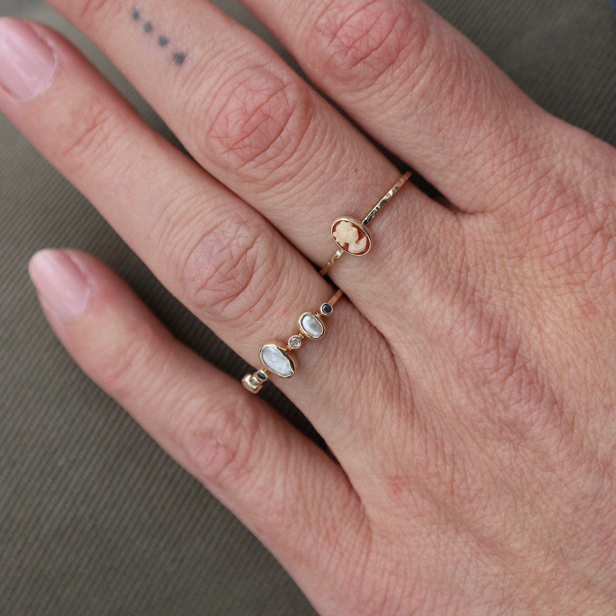 RNG-14K 14k Ring with Freshwater Pearls, Tiny Grey & Black Diamonds