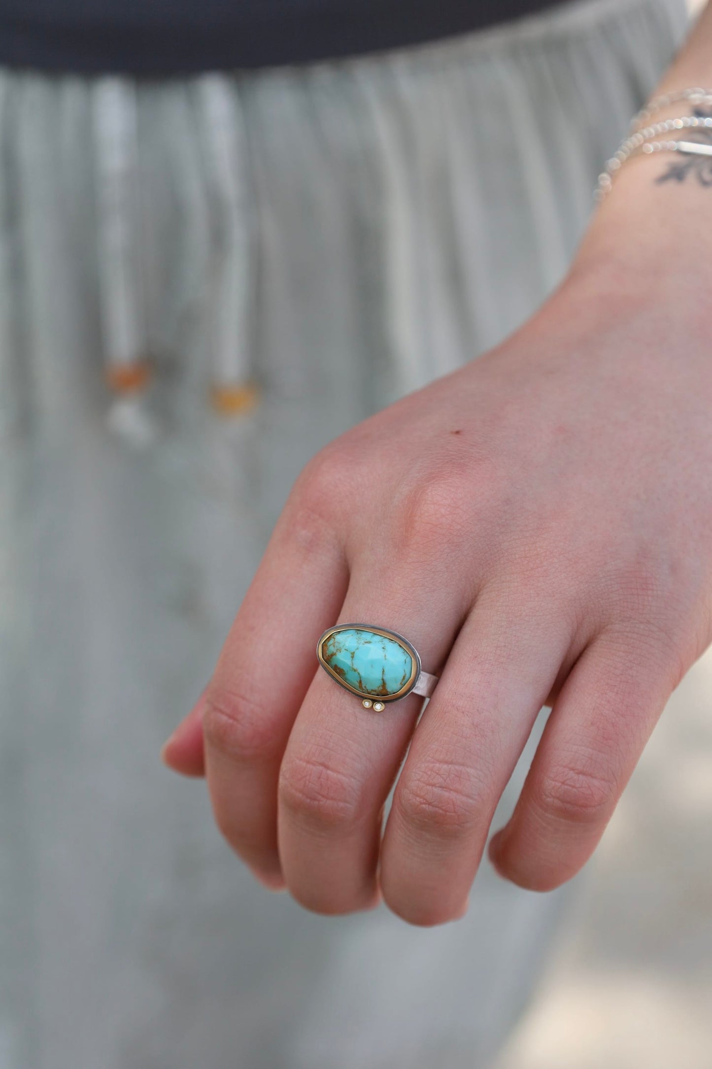 RNG Faceted Turquoise Ring with 2 Diamond Dots