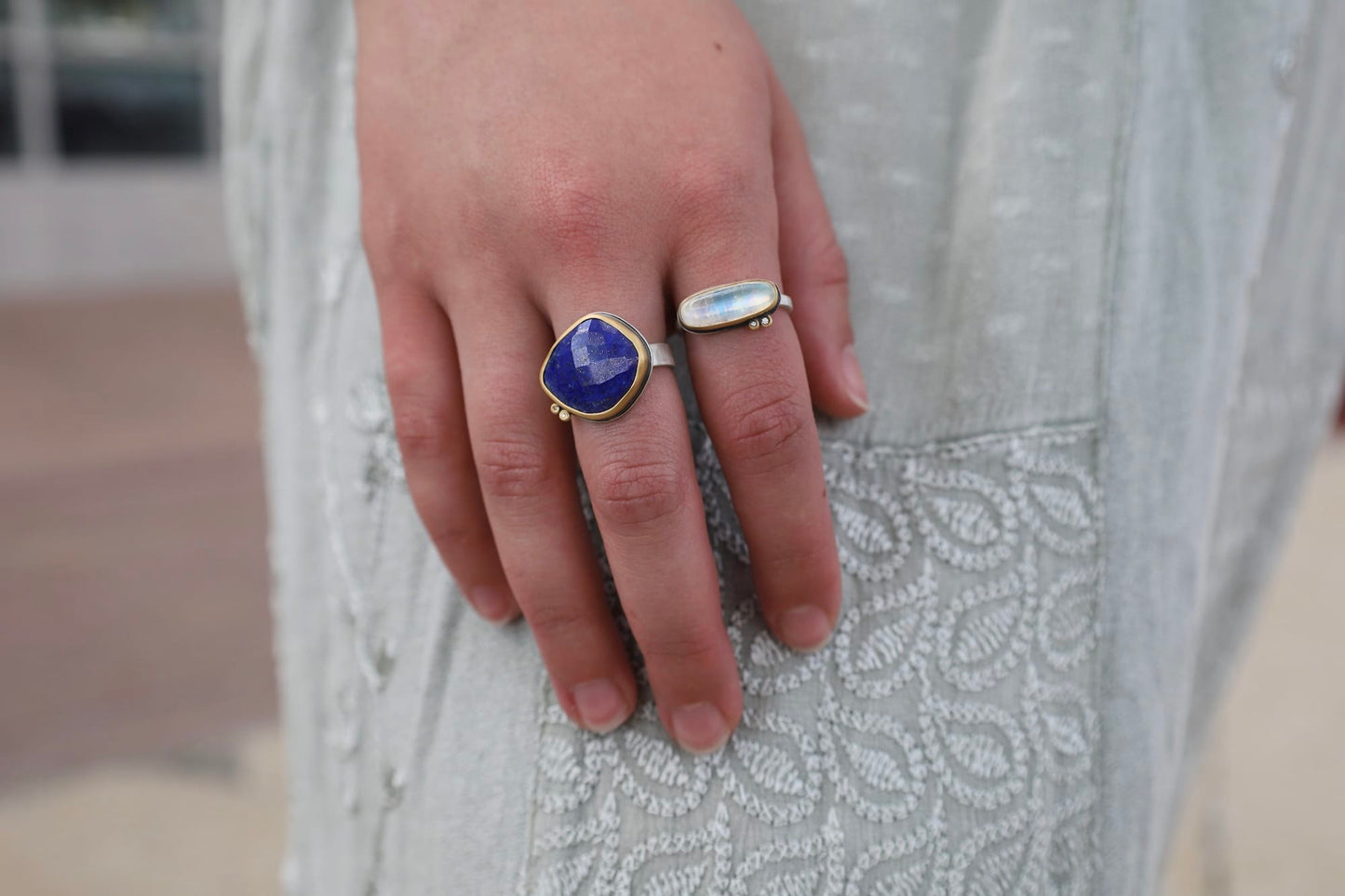 RNG Oval Moonstone Ring with 2 Diamond Dots